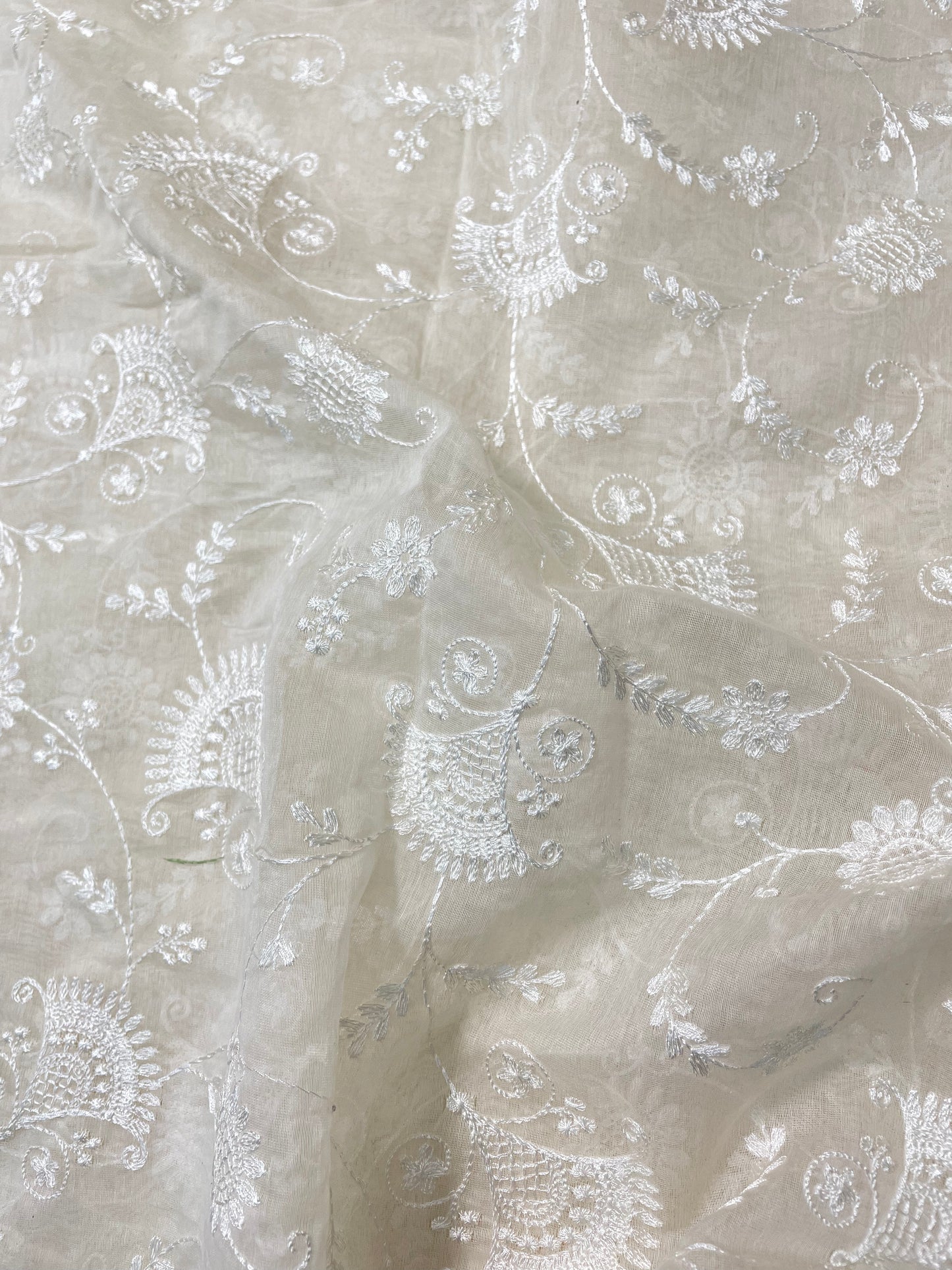 Fantastic Gorgeous Ethnic White Thread Embroidery On Pure Silk Fabric