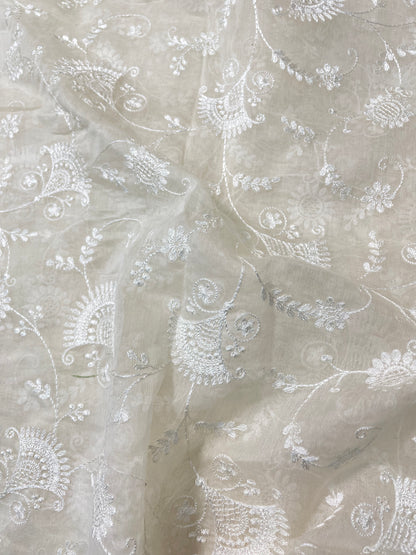 Fantastic Gorgeous Ethnic White Thread Embroidery On Pure Silk Fabric