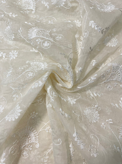 Fantastic Gorgeous Ethnic White Thread Embroidery On Pure Silk Fabric