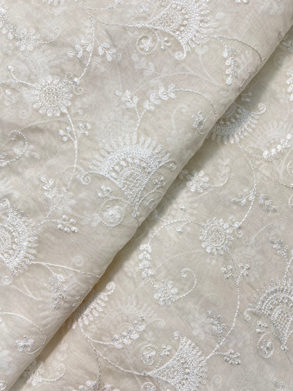 Fantastic Gorgeous Ethnic White Thread Embroidery On Pure Silk Fabric