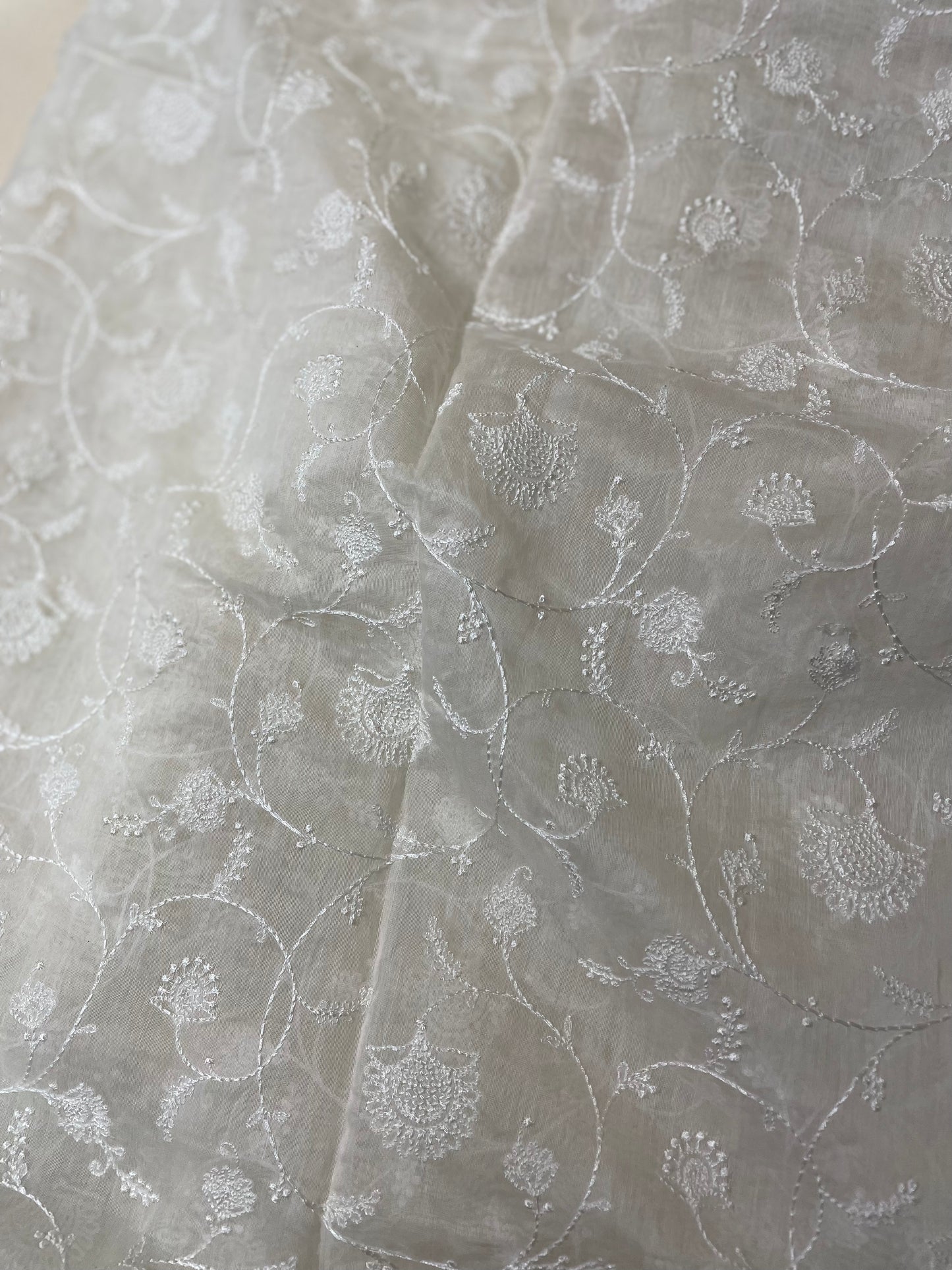 Superb Stunning Traditional White Thread Embroidery With Pure Silk Fabric