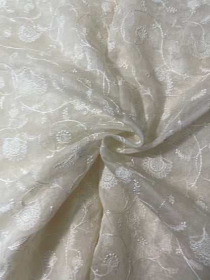 Superb Stunning Traditional White Thread Embroidery With Pure Silk Fabric