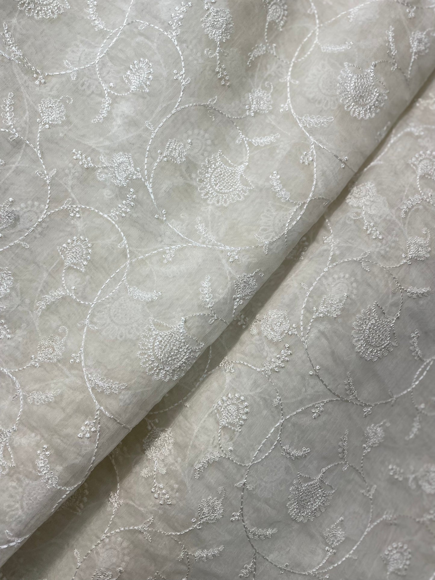 Superb Stunning Traditional White Thread Embroidery With Pure Silk Fabric