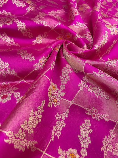 Exclusive Pretty Floral Patterned Golden Zari Weaving On Pure Silk Tissue Fabric