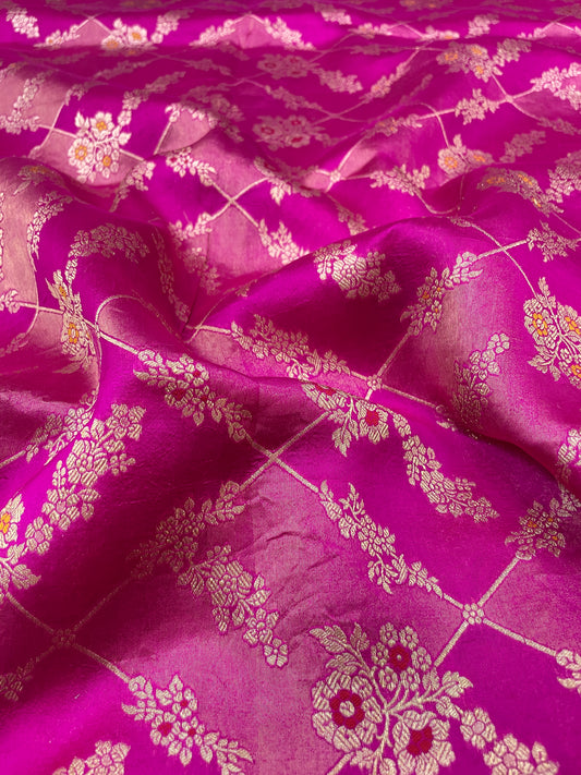 Exclusive Pretty Floral Patterned Golden Zari Weaving On Pure Silk Tissue Fabric