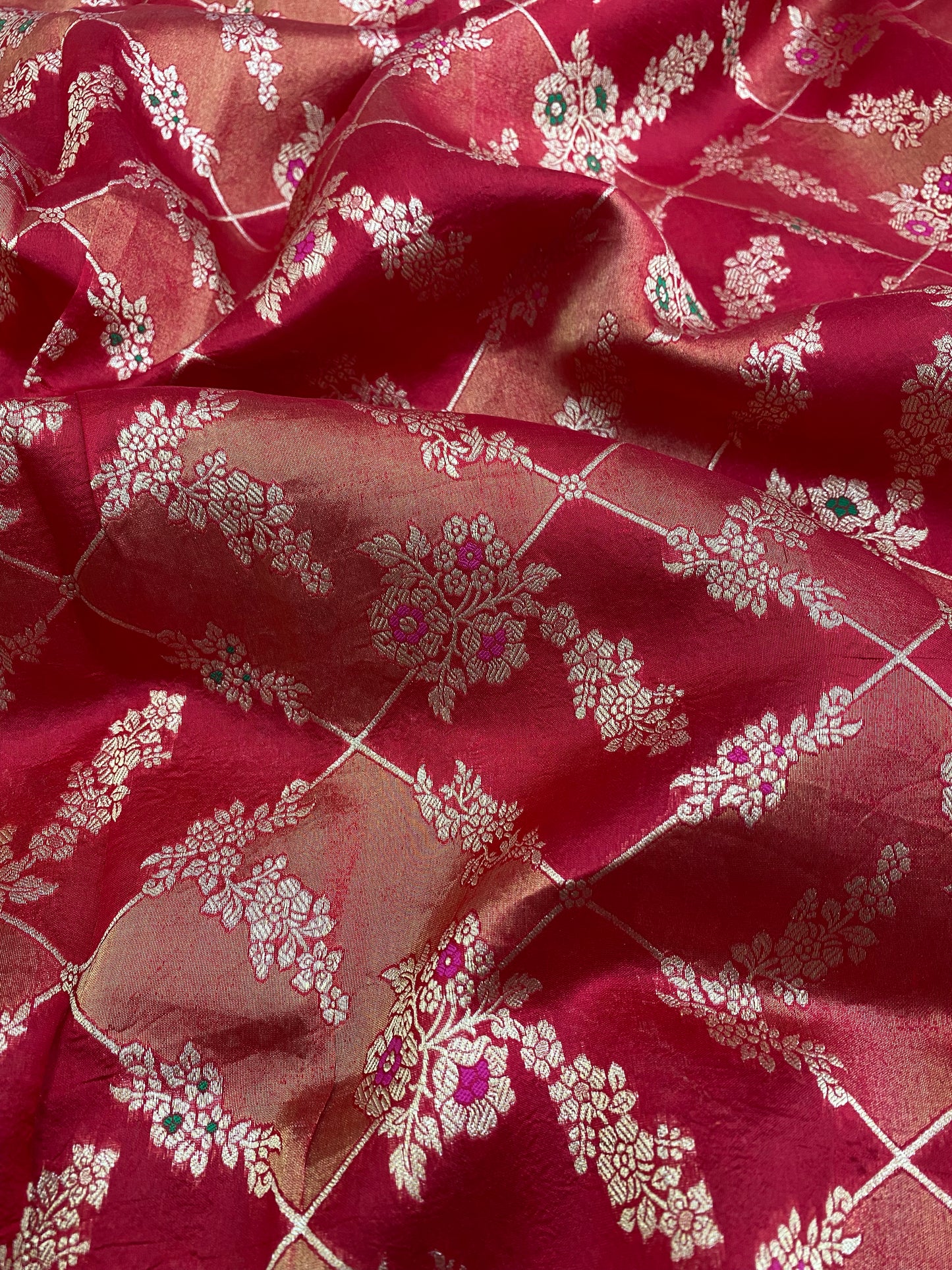 Exclusive Pretty Floral Patterned Golden Zari Weaving On Pure Silk Tissue Fabric