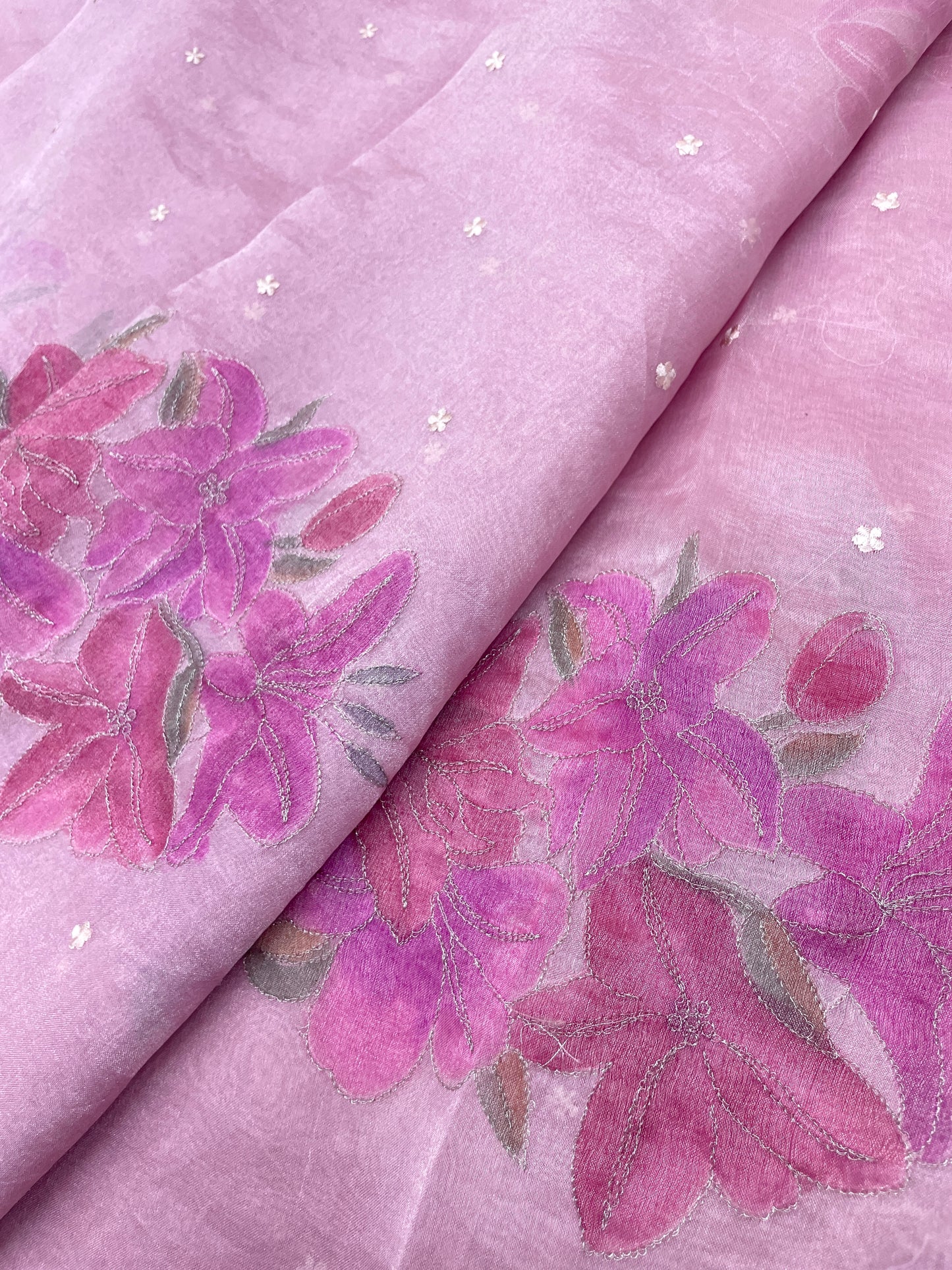 Excellent Luxurious Floral Hand Paint On Pure Silk Tissue Fabric