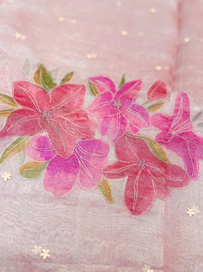 Excellent Luxurious Floral Hand Paint On Pure Silk Tissue Fabric