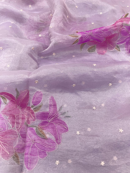 Excellent Luxurious Floral Hand Paint On Pure Silk Tissue Fabric