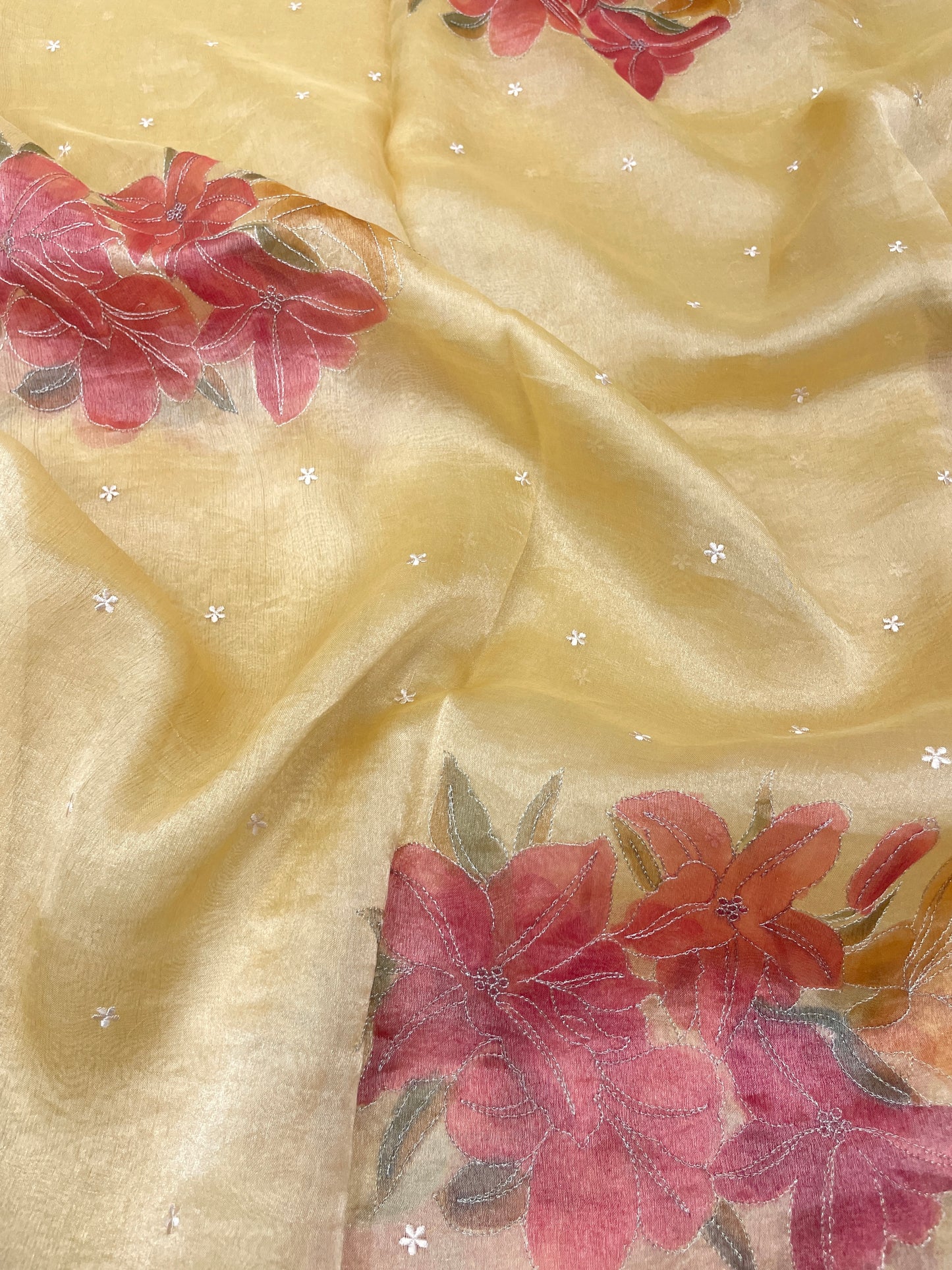 Excellent Luxurious Floral Hand Paint On Pure Silk Tissue Fabric