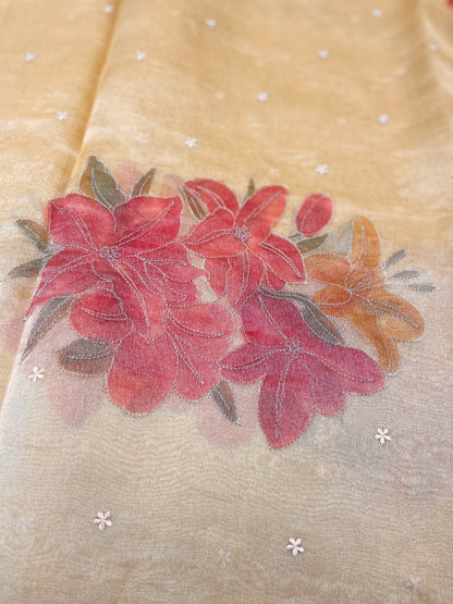 Excellent Luxurious Floral Hand Paint On Pure Silk Tissue Fabric