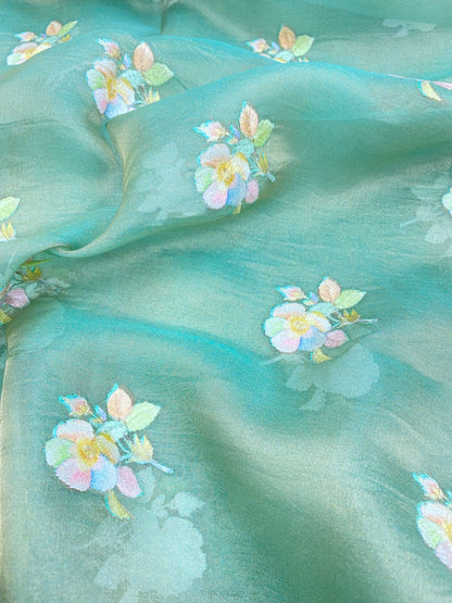 Beautiful Dashing Multicolored Floral Thread Embroidery On Pure Silk Tissue Fabric