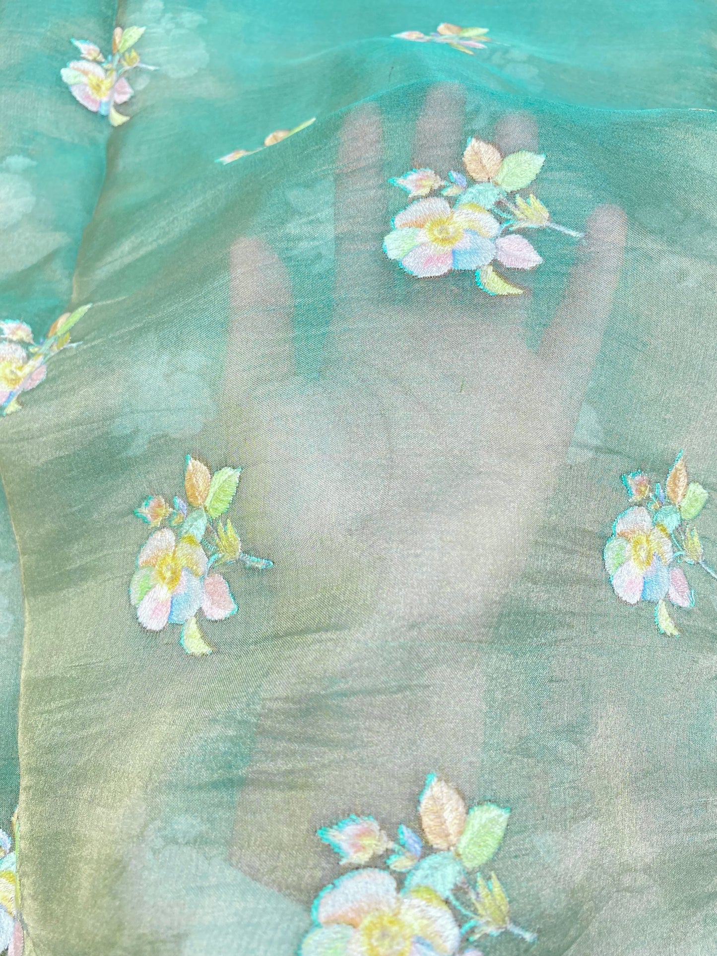 Beautiful Dashing Multicolored Floral Thread Embroidery On Pure Silk Tissue Fabric