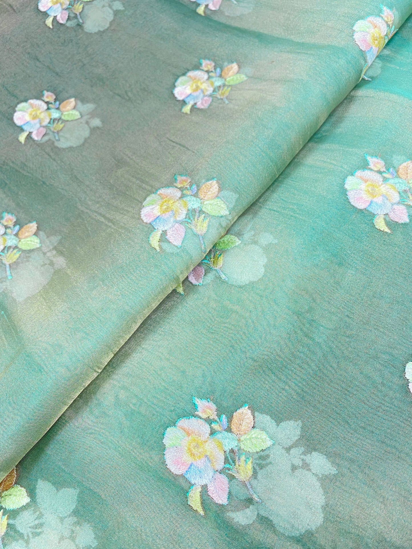 Beautiful Dashing Multicolored Floral Thread Embroidery On Pure Silk Tissue Fabric