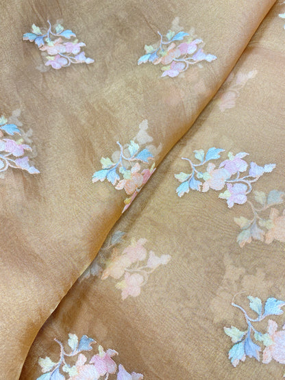 Beautiful Dashing Multicolored Floral Thread Embroidery On Pure Silk Tissue Fabric