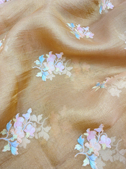 Beautiful Dashing Multicolored Floral Thread Embroidery On Pure Silk Tissue Fabric