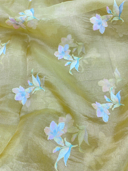 Beautiful Dashing Multicolored Floral Thread Embroidery On Pure Silk Tissue Fabric