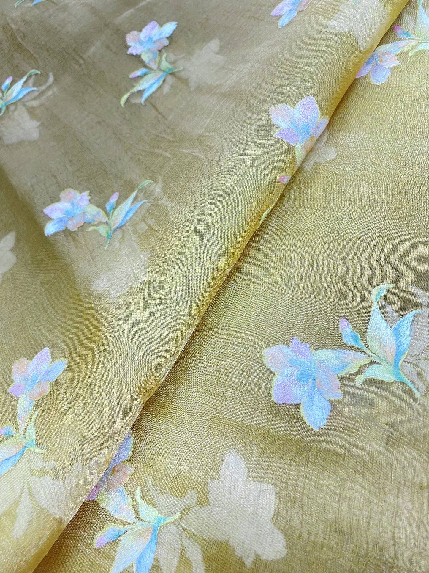 Beautiful Dashing Multicolored Floral Thread Embroidery On Pure Silk Tissue Fabric