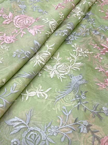 Superb Pleasant Colorful Floral Thread Embroidery On Pure Tissue Fabric