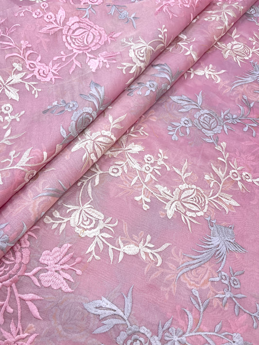 Superb Pleasant Colorful Floral Thread Embroidery On Pure Tissue Fabric