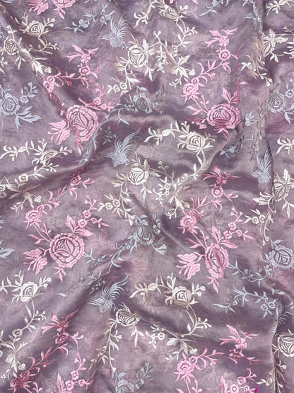 Superb Pleasant Colorful Floral Thread Embroidery On Pure Tissue Fabric