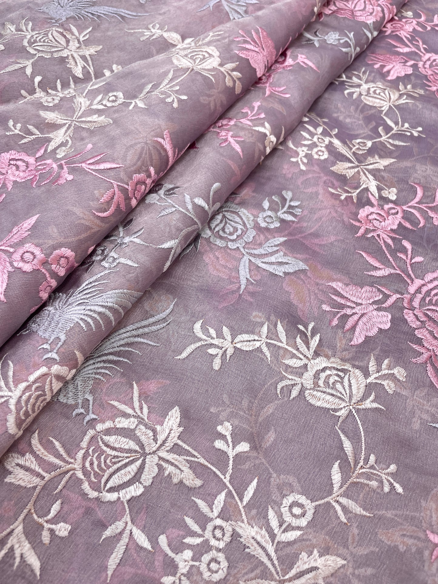 Superb Pleasant Colorful Floral Thread Embroidery On Pure Tissue Fabric