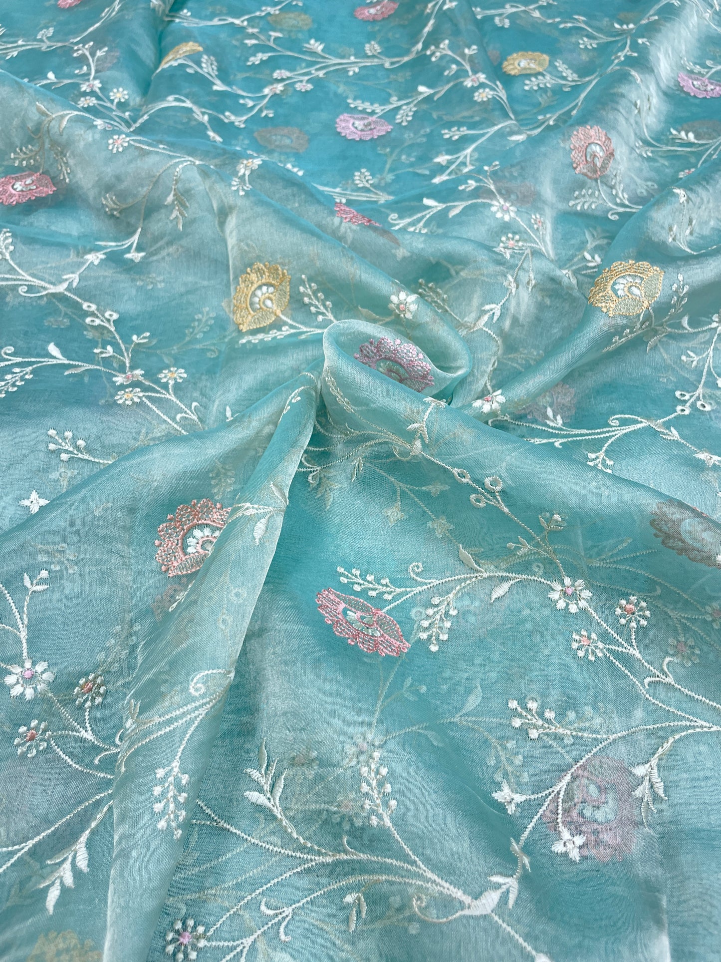 Pretty Fancy Floral Thread Embroidery On Pure Silk Tissue Fabric