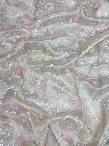 Pretty Fancy Floral Thread Embroidery On Pure Silk Tissue Fabric