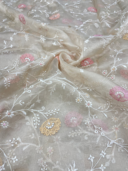 Pretty Fancy Floral Thread Embroidery On Pure Silk Tissue Fabric