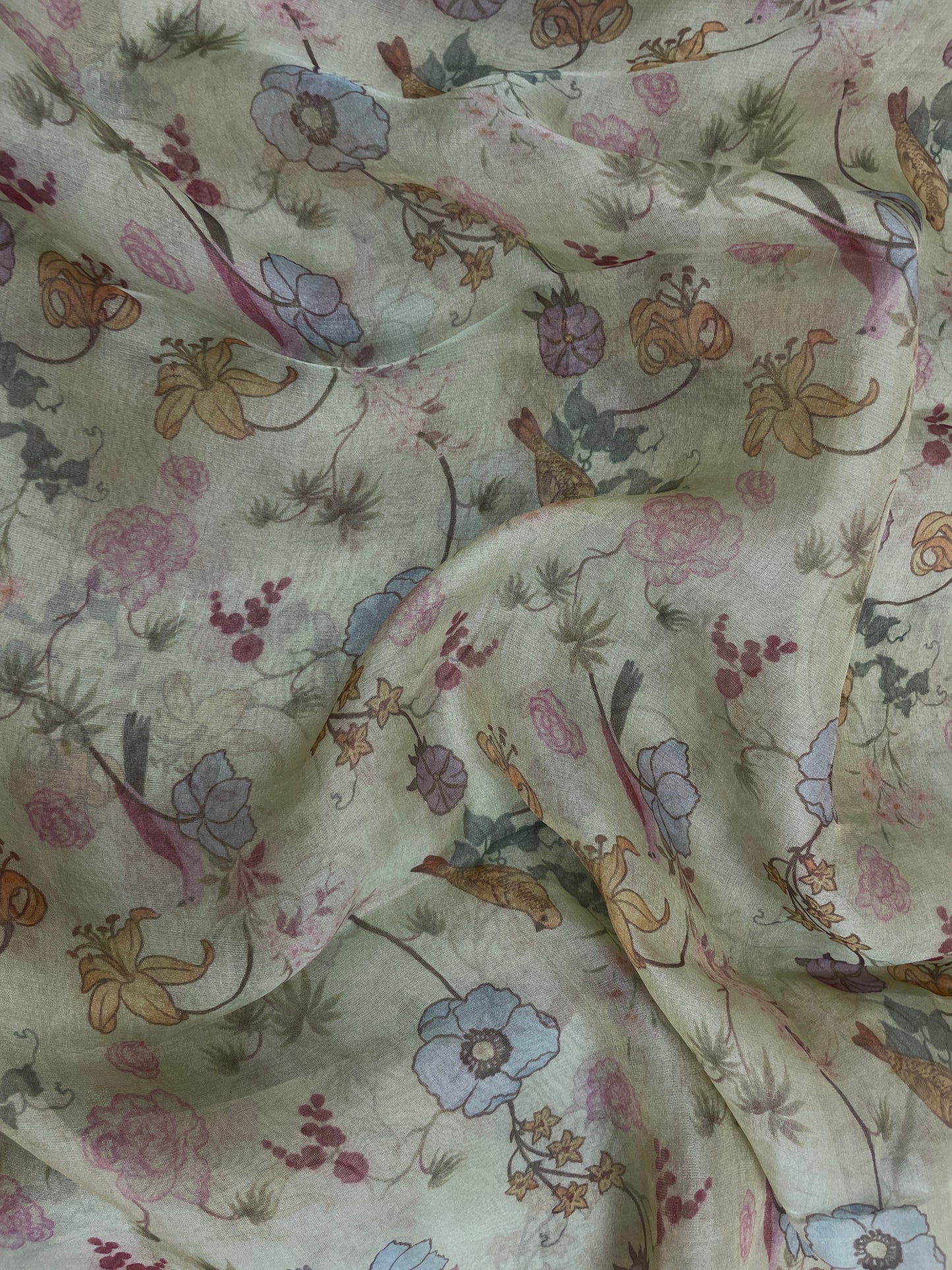 Gorgeous Multi Color Floral And Bird Figure Print On Tissue Fabric