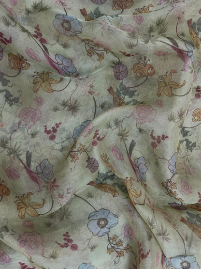 Gorgeous Multi Color Floral And Bird Figure Print On Tissue Fabric