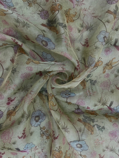 Gorgeous Multi Color Floral And Bird Figure Print On Tissue Fabric