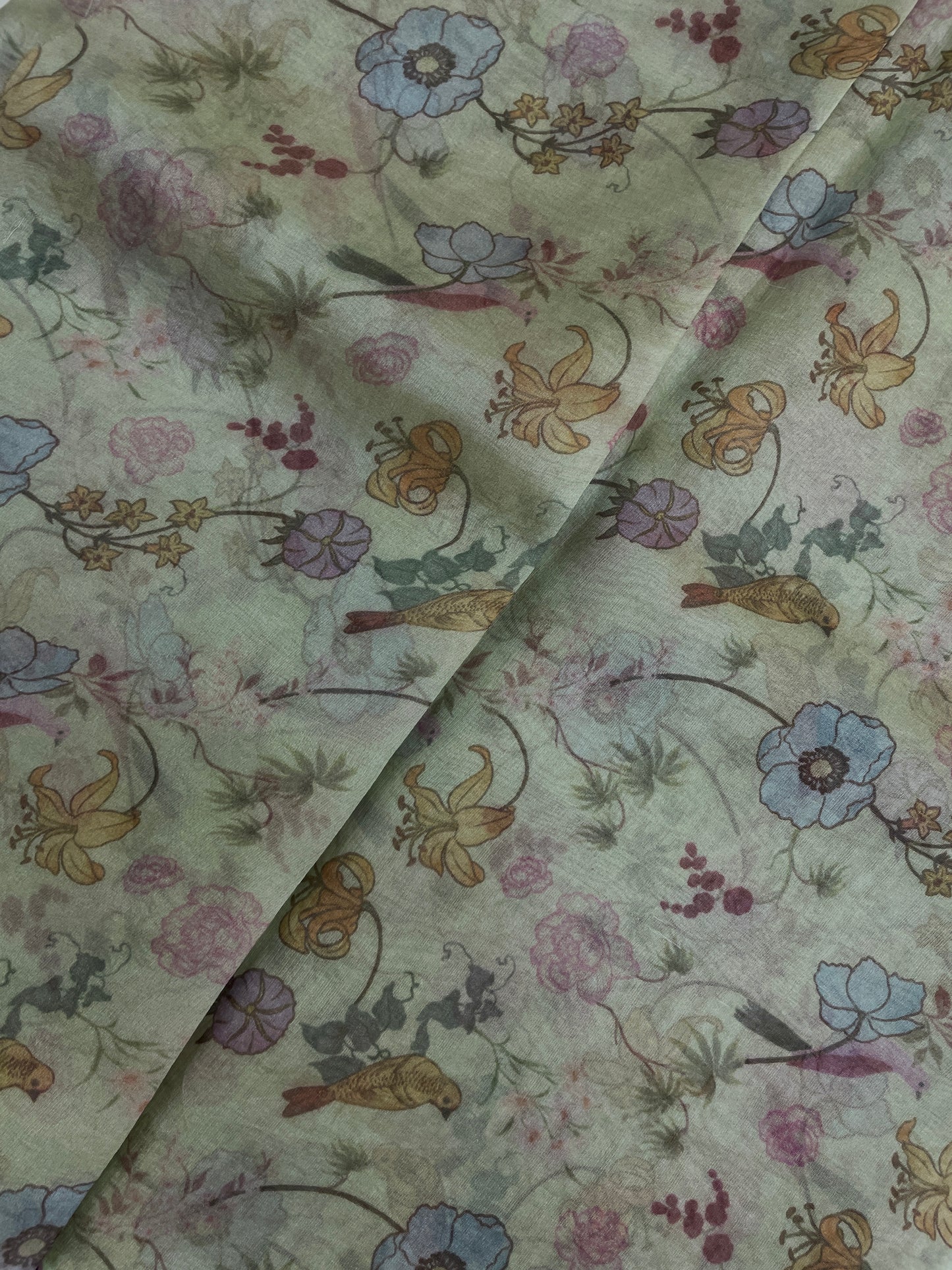 Gorgeous Multi Color Floral And Bird Figure Print On Tissue Fabric