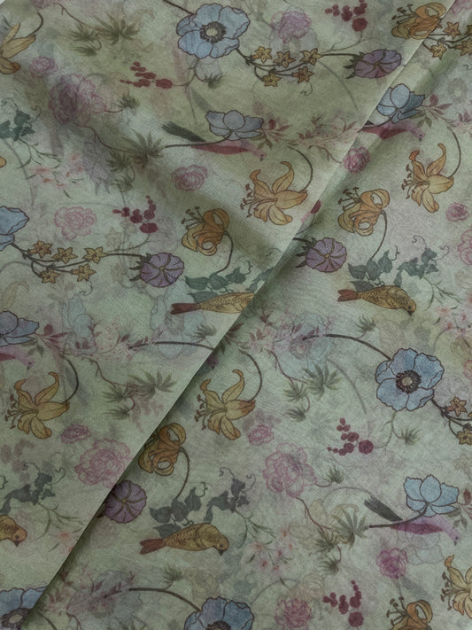 Gorgeous Multi Color Floral And Bird Figure Print On Tissue Fabric