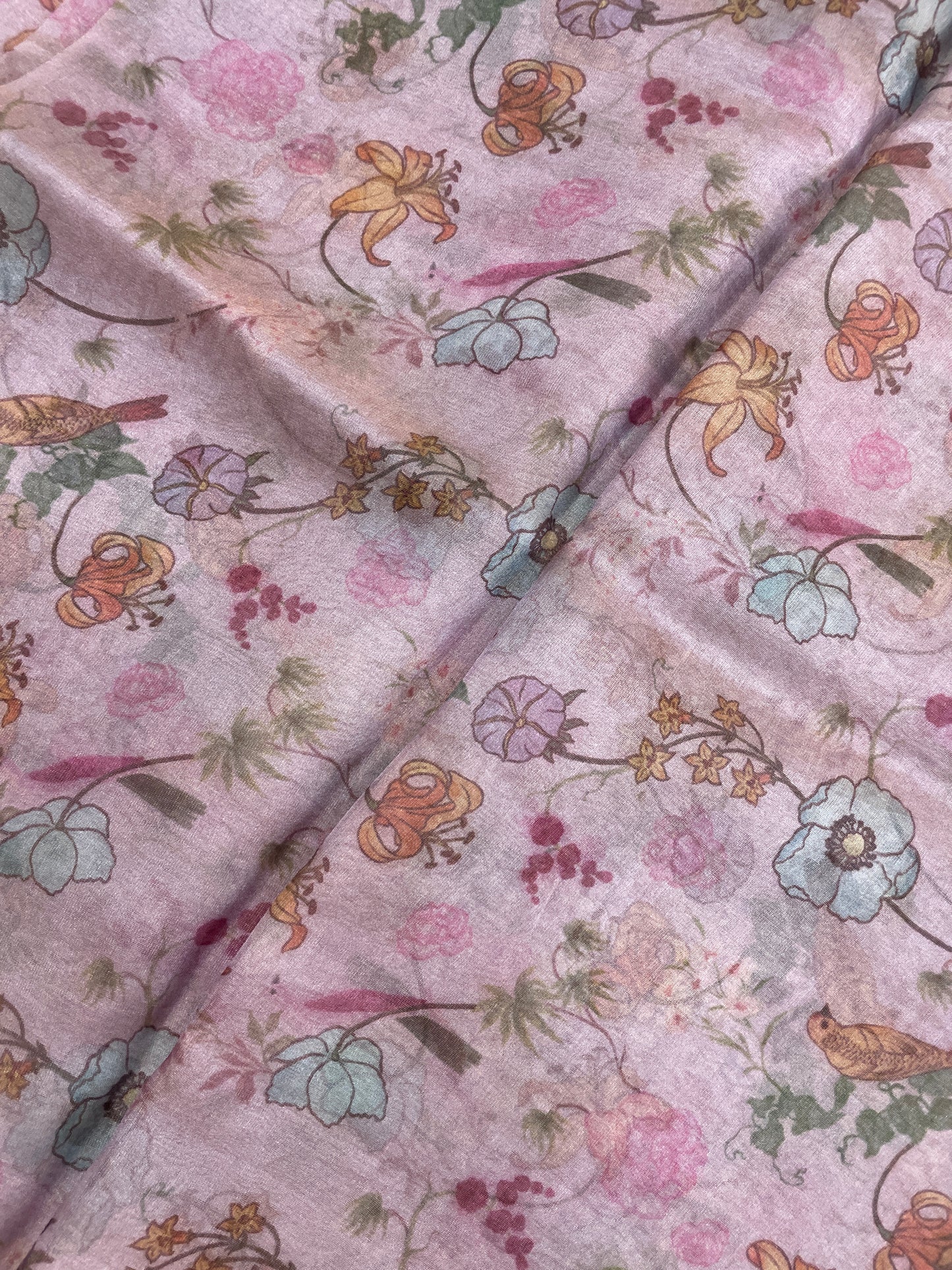 Gorgeous Multi Color Floral And Bird Figure Print On Tissue Fabric