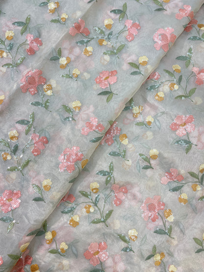 Adorable Exquisite Floral Sequin Work All Over Pure Tissue Fabric