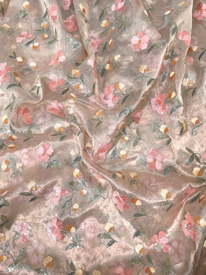 Perfect Delicate Floral Multi Color Sequin Work On Pure Tissue Fabric