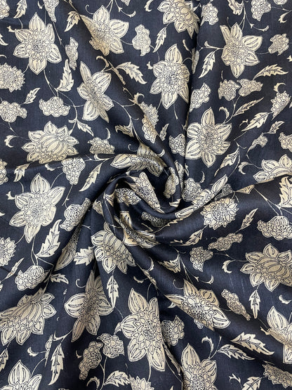 Adorable Exclusive Beige Floral Print On Black Pure Tussar Silk Fabric