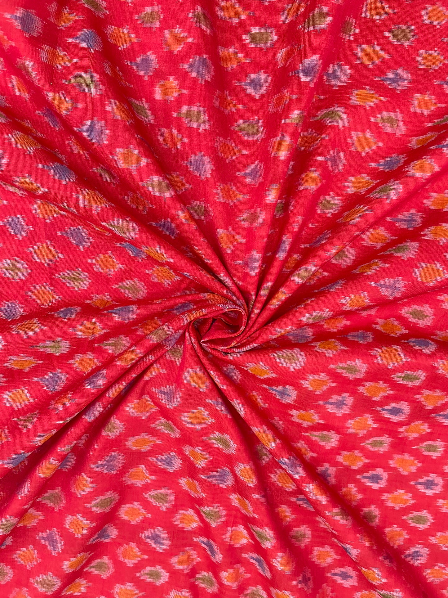 Fascinating Bright Multicolor Ethnic Pattern All Over Red Silk Ikat Fabric