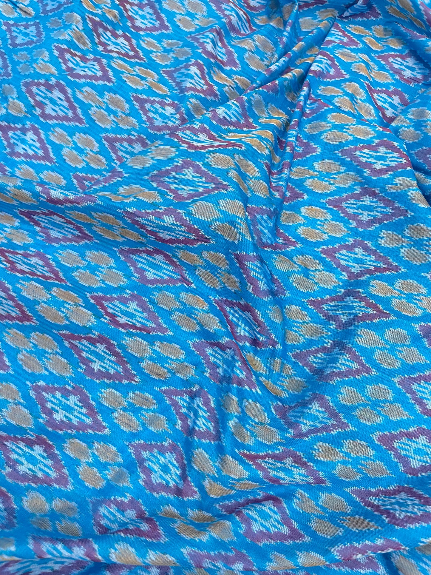 Brilliant Elegant Traditional Pattern Print On Blue Silk Ikat Fabric