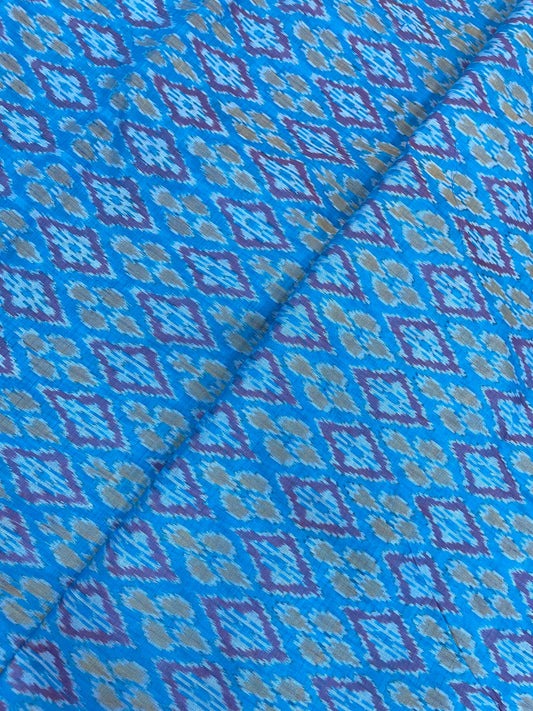 Brilliant Elegant Traditional Pattern Print On Blue Silk Ikat Fabric