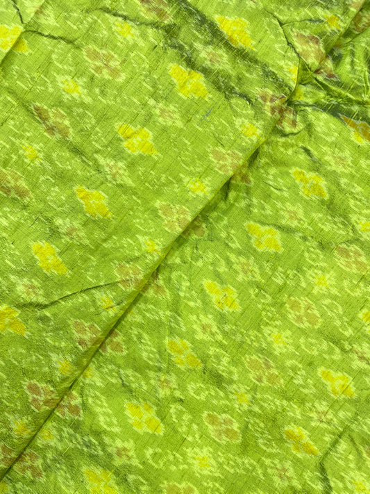 Unique Radiant Floral Weaving On Green Raw Silk Ikat Fabric