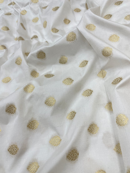 Embossed Dotted Silk Jacquard Work With Zari Weaving On White Dyeable Banarasi Fabric