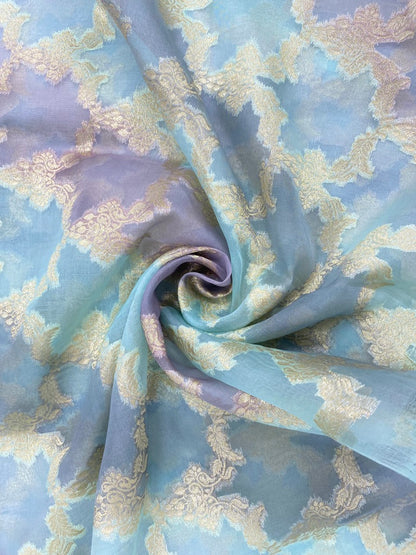 Beautiful Eye Catching Fancy Paisley Zari Weaving All Over Blue Silk Organza Fabric