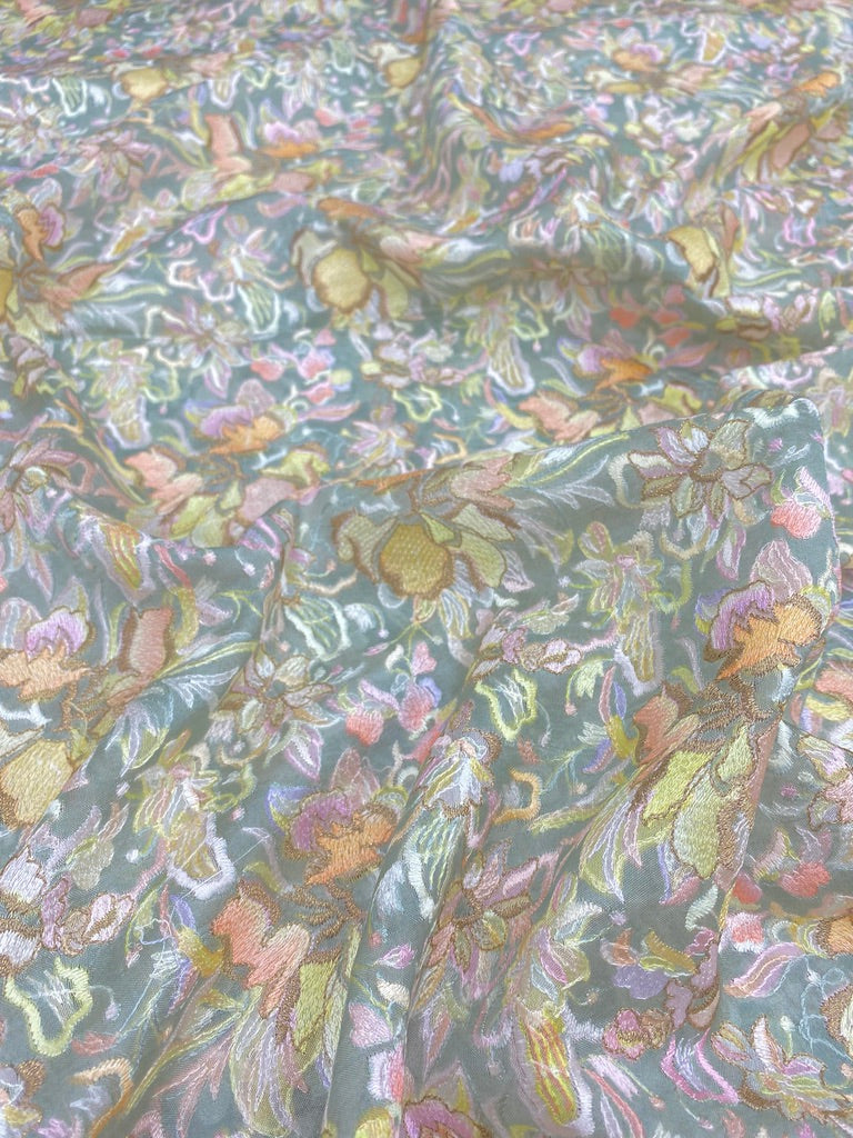 Unique Gorgeous Pretty Colorful Floral Thread Embroidery With Zari Weaving On Silk Organza Fabric