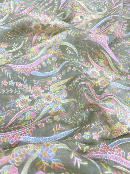 Beautiful Out Standing Multi Color Floral Thread Embroidery With Zari Weaving On Silk Organza Fabric