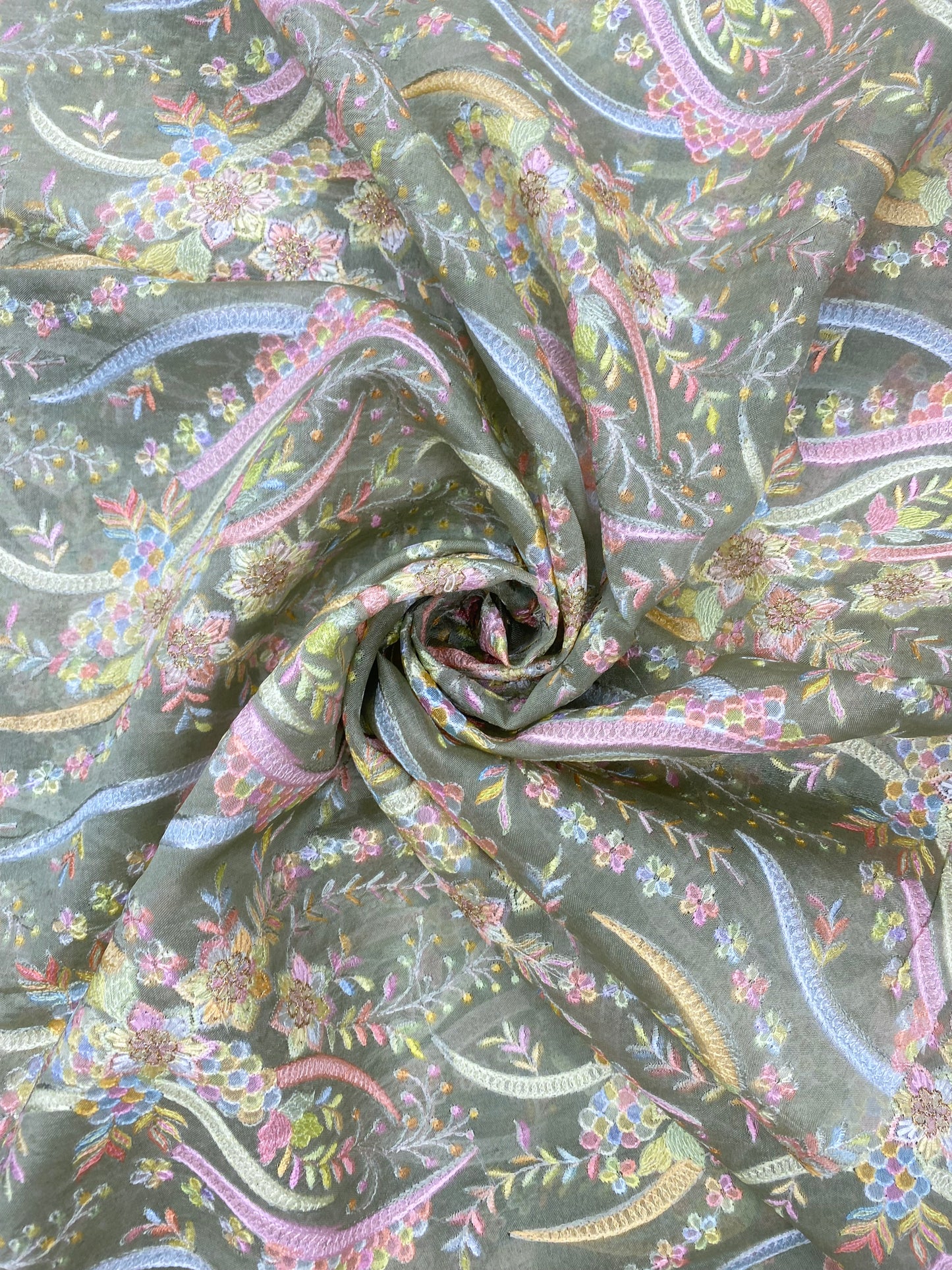 Beautiful Out Standing Multi Color Floral Thread Embroidery With Zari Weaving On Silk Organza Fabric