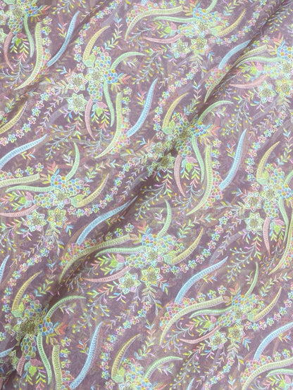 Beautiful Out Standing Multi Color Floral Thread Embroidery With Zari Weaving On Silk Organza Fabric