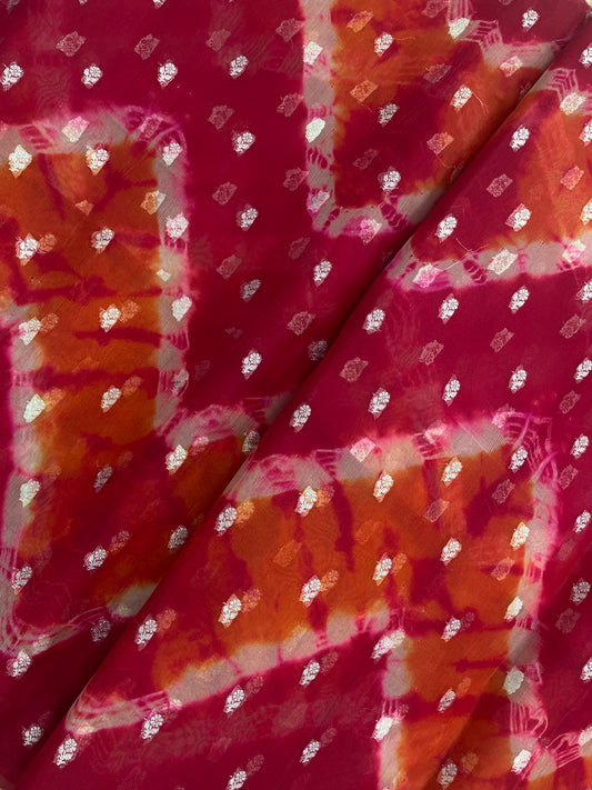 Delicate Fantastic Zig Zag Tye Dye Print With Zari Weaving On Silk Organza Fabric