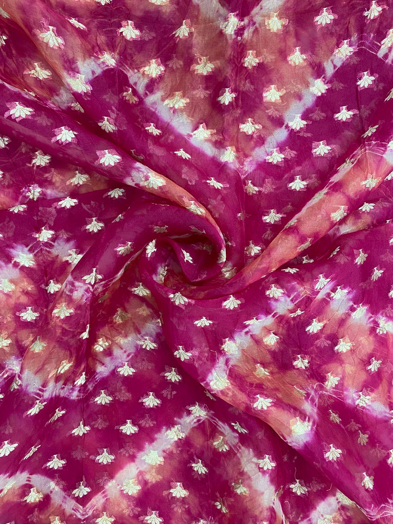 Amazing Pretty Pink Zig Zag Print With Floral Zari Weaving On Silk Organza Fabric